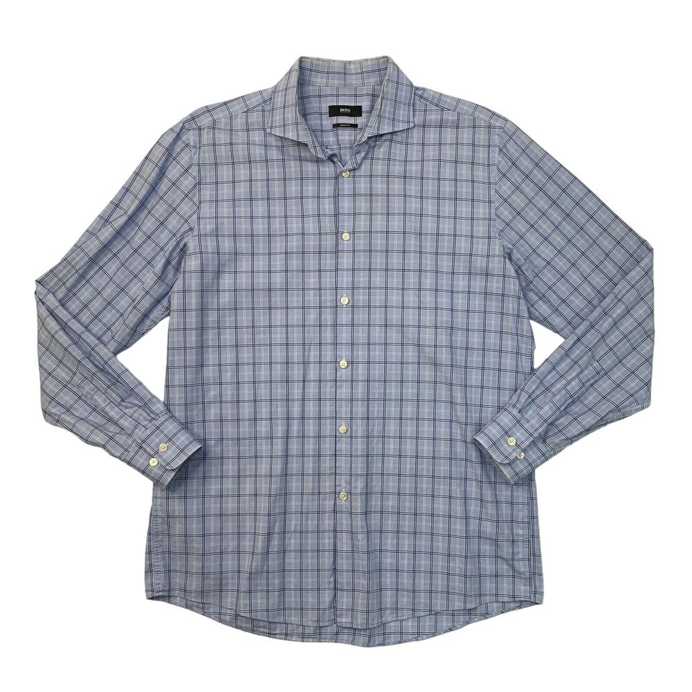 Hugo Boss Shirt Mens 16.5 Bluebell Cotton Sharp Fit Plaid Button Up Long Sleeve
